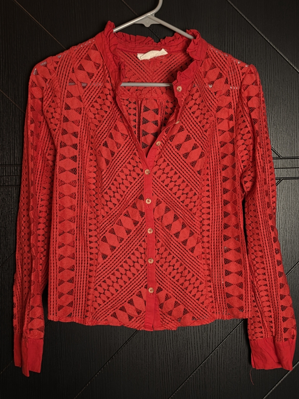 11 By Anthropologie Red Lace Ruffle Collar Button Blouse